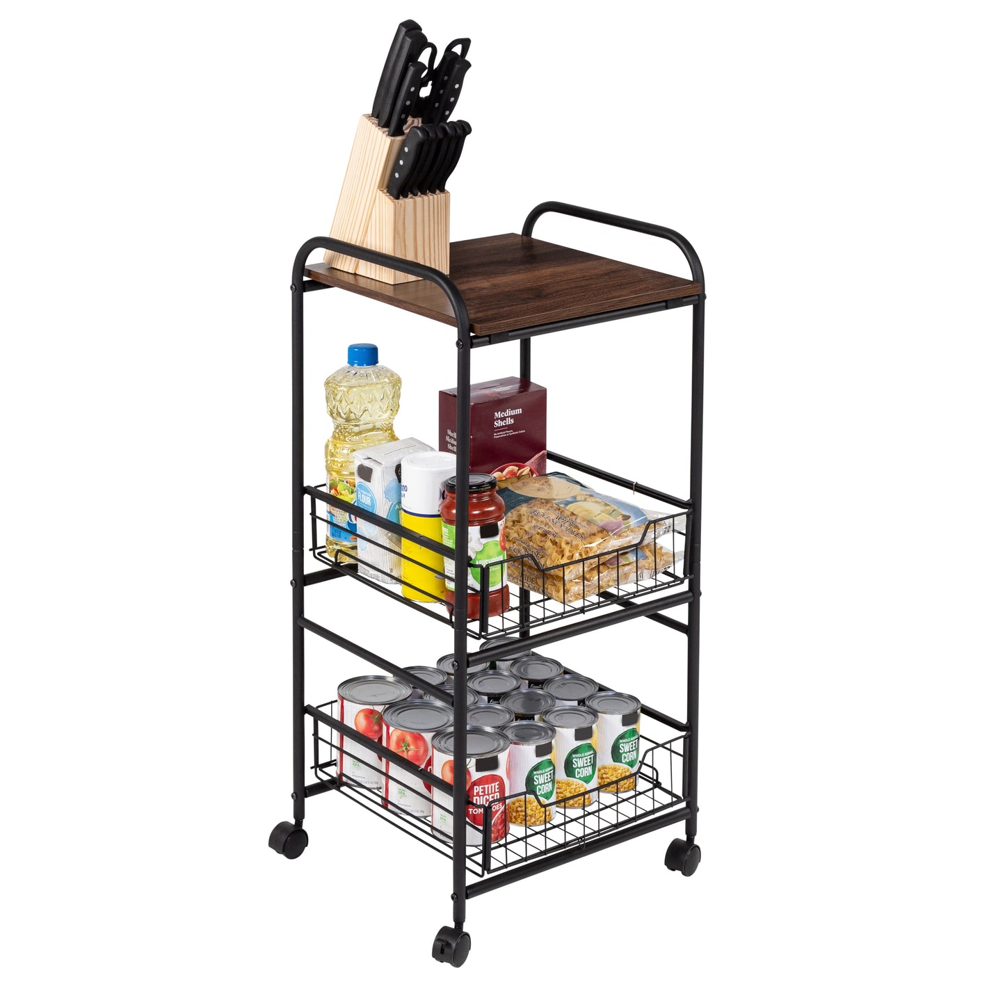 Black/Natural 3-Tier Slim Rolling Cart with Metal Basket Drawers