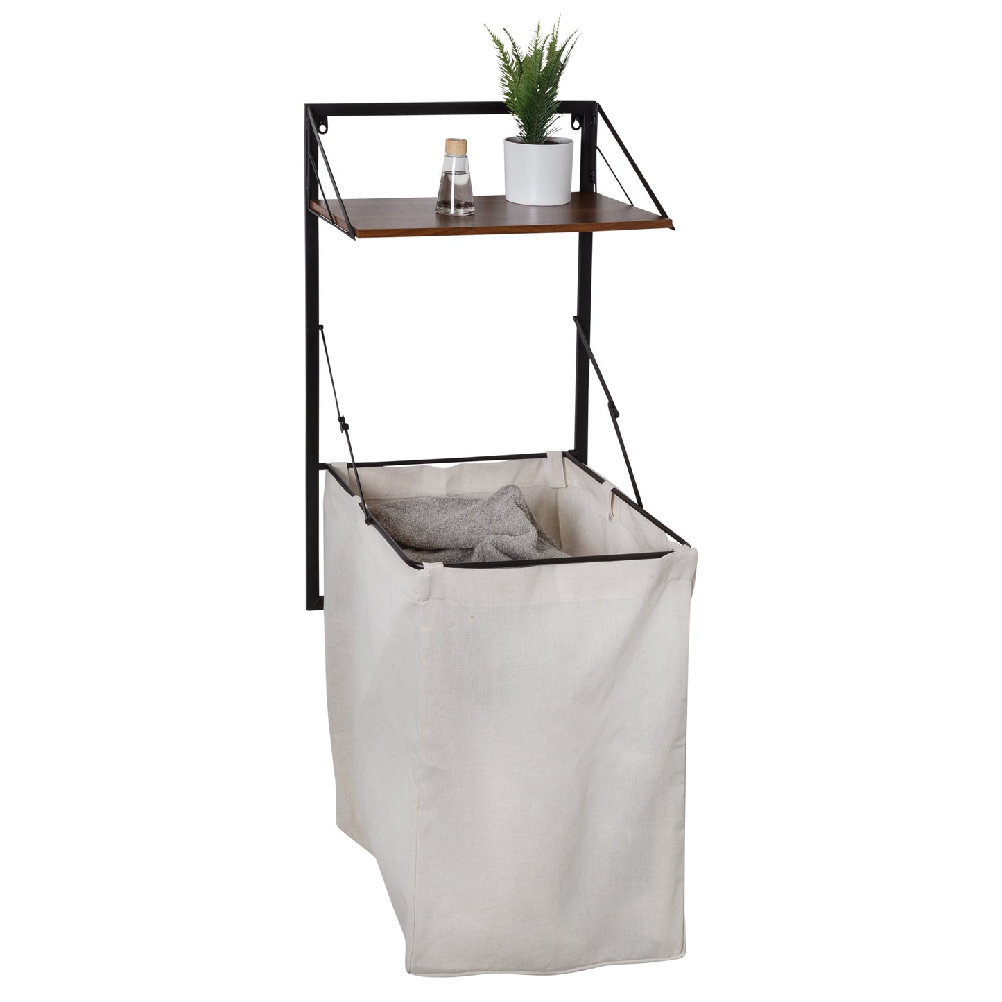 Black/Walnut Over-the-Door or Wall-Mount Folding Hamper with Shelf