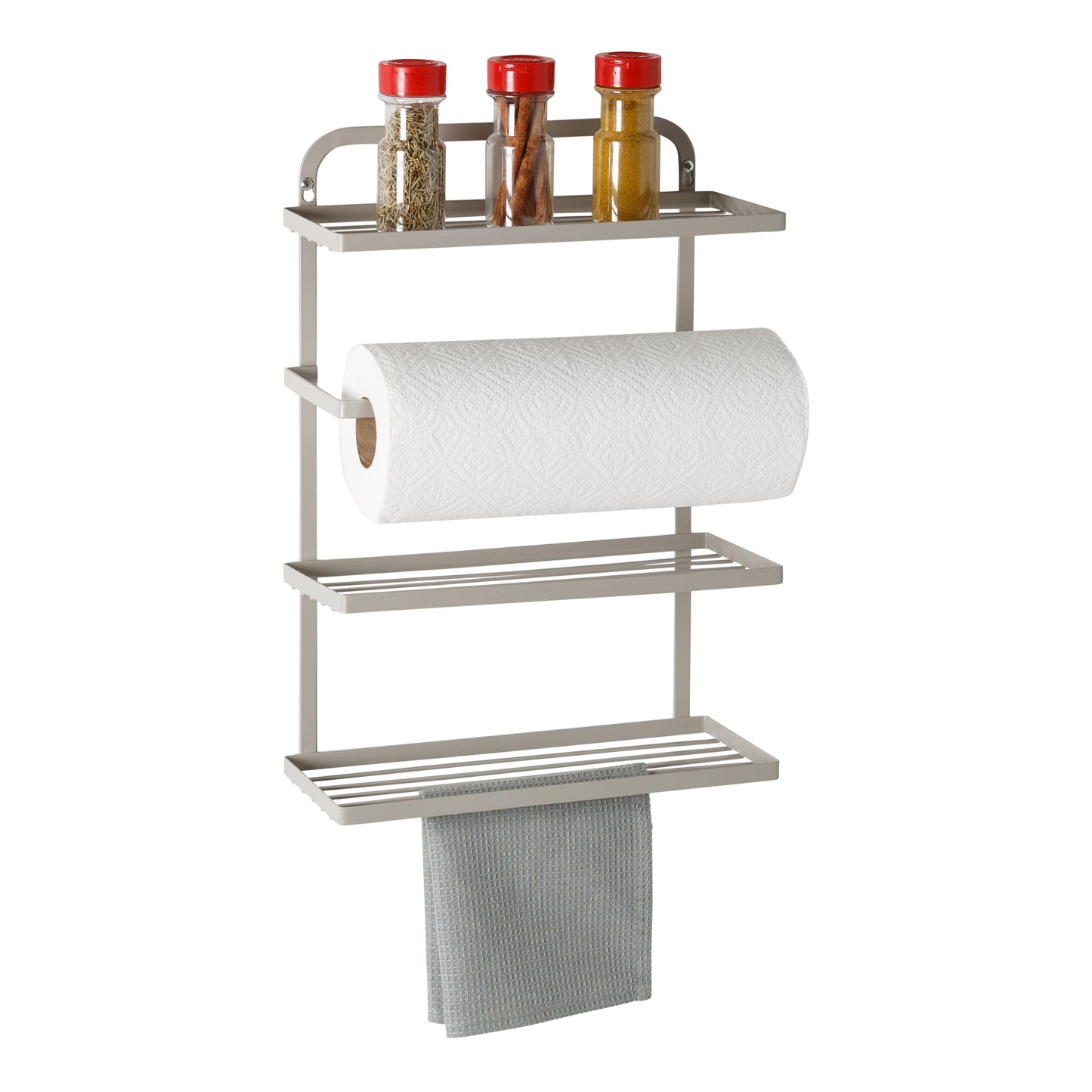 Gray 3-Tier Over-the-Door Kitchen Organizer with Paper Towel Holder