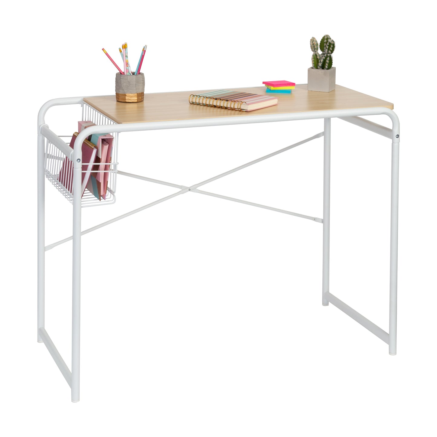 White Home Office Computer Desk with Side Basket