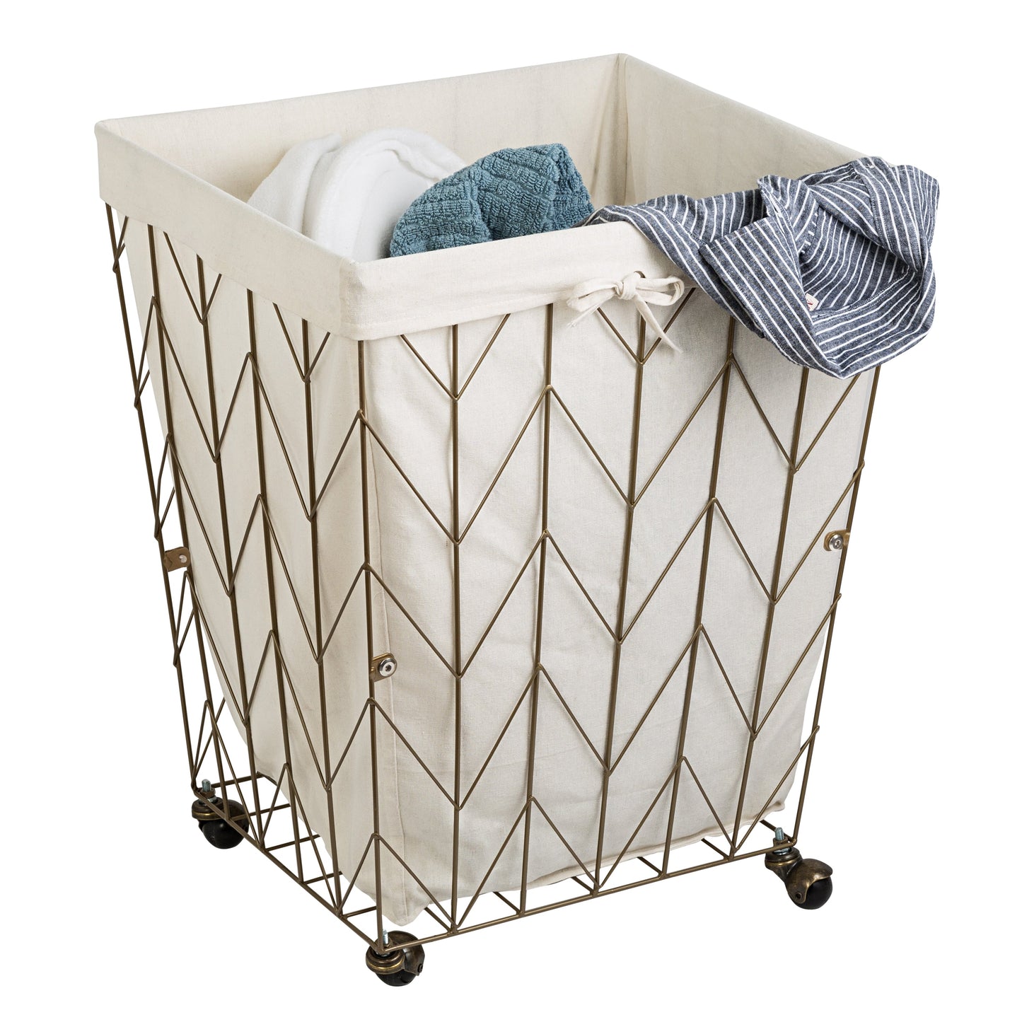 Bronze Chevron Wire Rolling Hamper with Canvas Liner