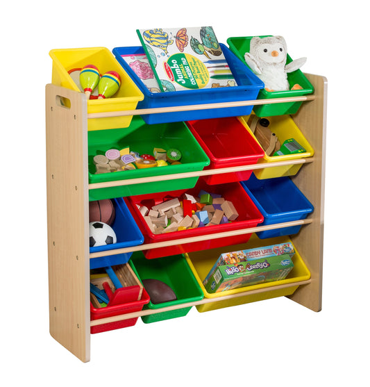 Natural/Primary Colors 12-Bin Kids Toy Storage Organizer