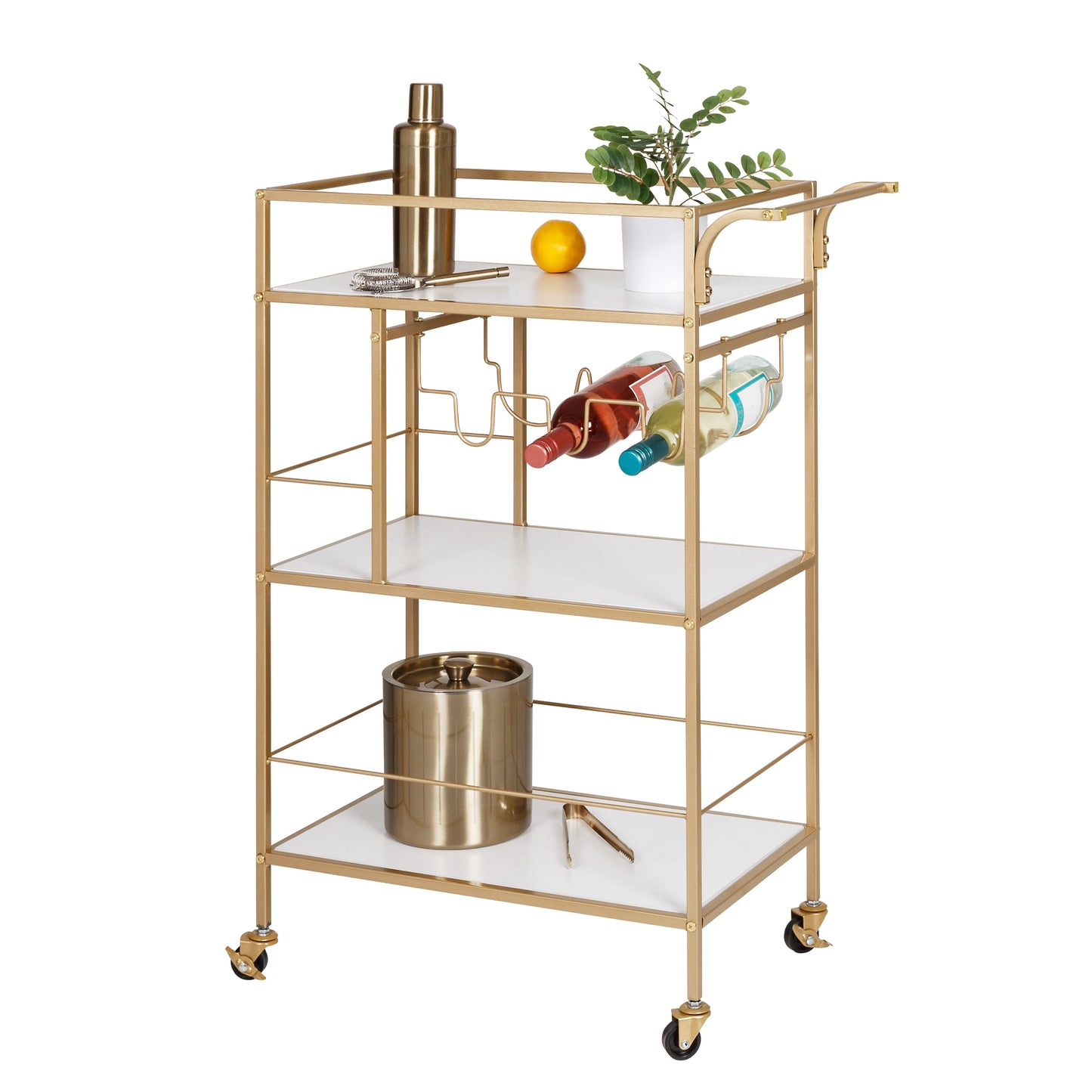 Gold/White 3-Tier Rolling Bar Cart with Rack and Handle