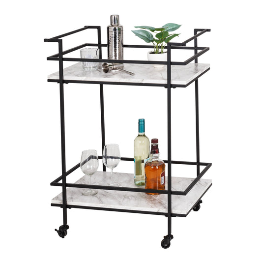 Black/White Faux Marble 2-Tier Bar and Serving Cart