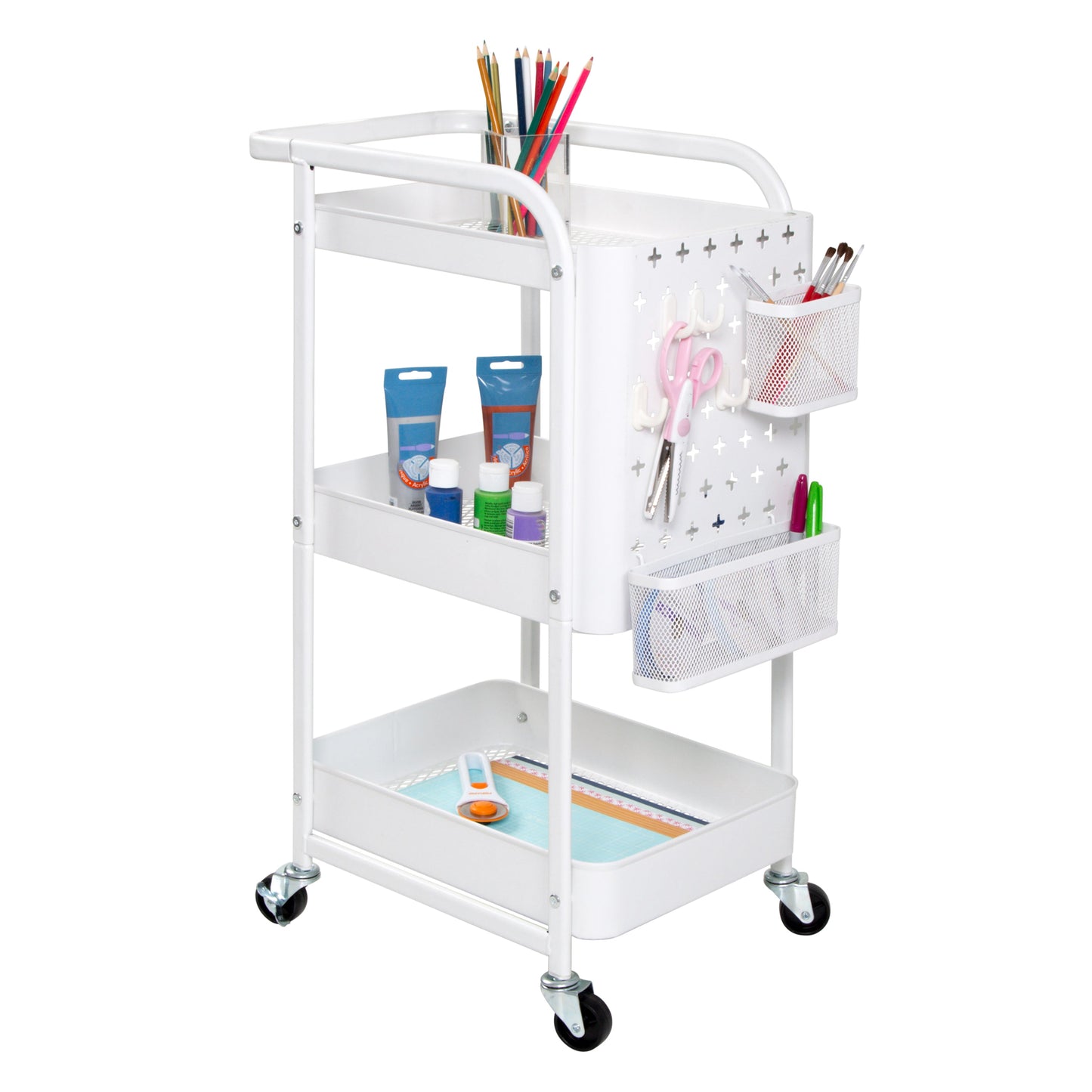 White Steel 3-Tier Craft or Makeup Organizer Cart with Side Storage