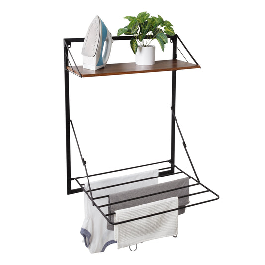 Black/Walnut Over-the-Door Drying Rack with Shelf