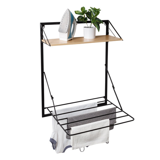 Black/Maple Over-the-Door Drying Rack with Shelf