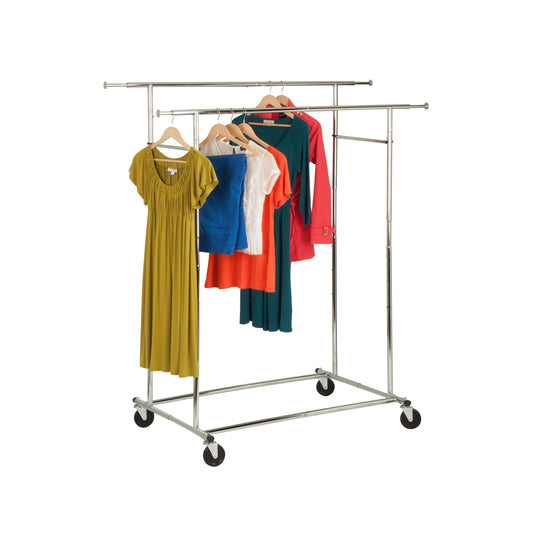Chrome Dual Bar Adjustable Rolling Clothes Rack
