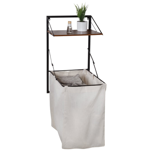 Black/Walnut Over-the-Door or Wall-Mount Folding Hamper with Shelf