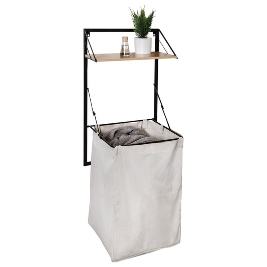 Black/Maple Over-the-Door or Wall-Mount Folding Hamper with Shelf