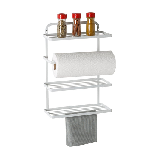 White Steel Hanging Spice Rack with Paper Towel Holder