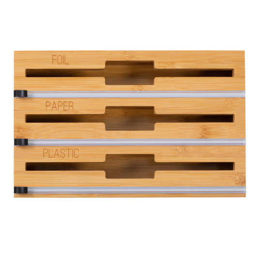 Natural Bamboo 3-In-1 Food Wrap Organizer with Safety Cutter