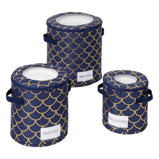 Navy/Gold Round Dinnerware Storage Cases (Set of 3)