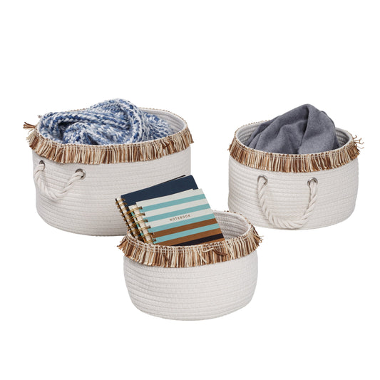 White/Natural Cotton Rope Nesting Baskets with Fringe (Set of 3)