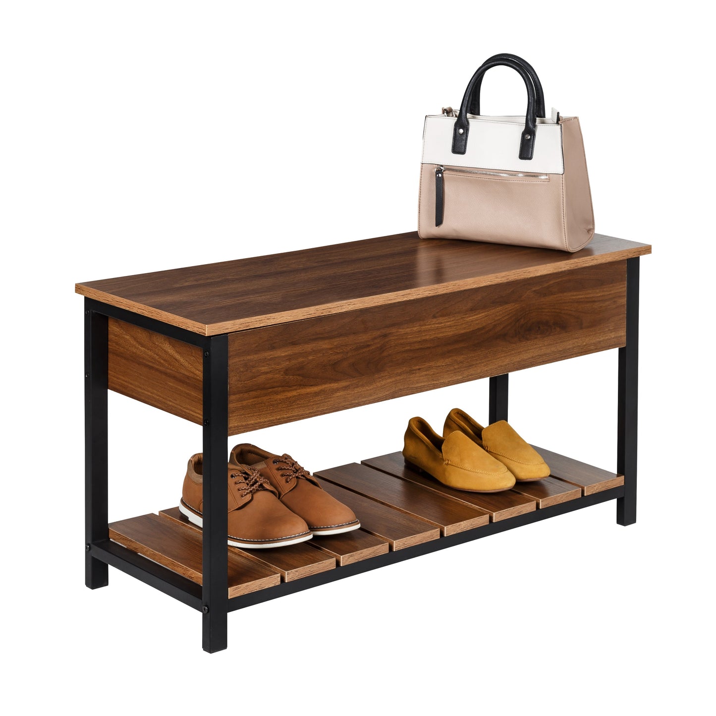 Walnut/Black Bench with Open-Top and Shoe Storage